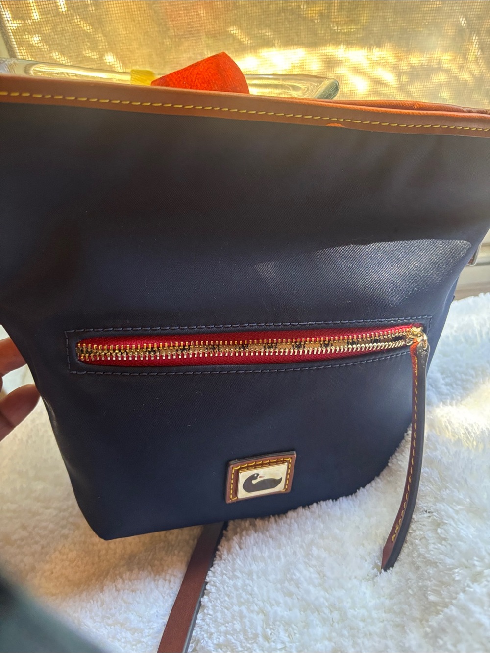 Dooney & Bourke Navy Leather Crossbody with Red Zip and Brown Trim